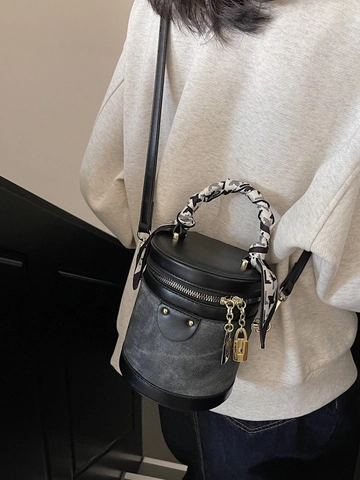 Women Vintage Color Block Cylinder Bucket Bag PU Leather Denim Patchwork Crossbody Shoulder Bag With Scarf Handle Fashion Satchel