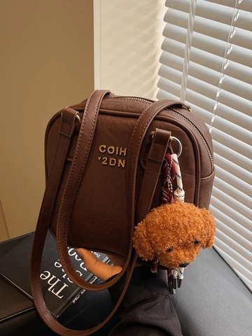 Bolso de Hombro Cuadrado Pequeño Vintage para Mujer Cuero PU Decoración de Metal Bolso Bandolera Con Colgante Perro de Felpa Bolso de Mano