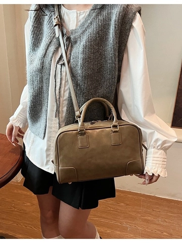 Bolso Boston Retro de Cuero PU para Mujer Color Sólido Costuras Bolso Bandolera Con Dobles Asas Y Correa de Hombro Ajustable