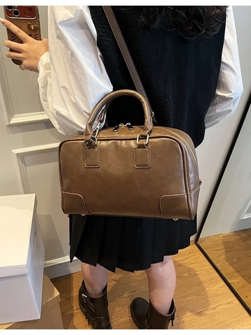 Bolso Boston Retro de Cuero PU para Mujer Color Sólido Costuras Bolso Bandolera Con Dobles Asas Y Correa de Hombro Ajustable