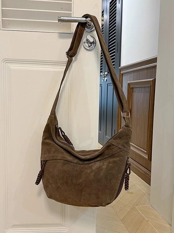 Vintage Suede Hobo Crossbody Bag Large Capacity Half Moon Shoulder Bag With Braided Zipper Pulls Retro Minimalist Handbag For Women