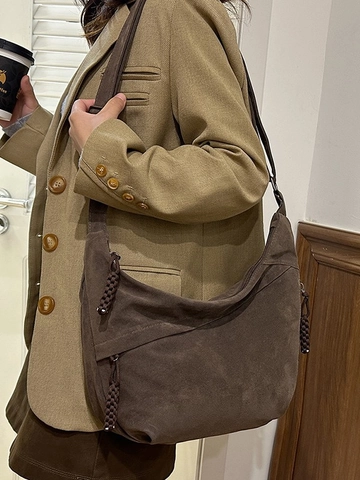 Vintage Suede Hobo Crossbody Bag Large Capacity Half Moon Shoulder Bag With Braided Zipper Pulls Retro Minimalist Handbag For Women