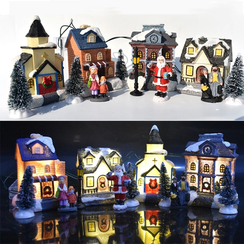 Christmas Village House Miniature LED Luminous Resin Snow Village Scene With Santa Trees Lamp Desktop Decoration Holiday Gift
