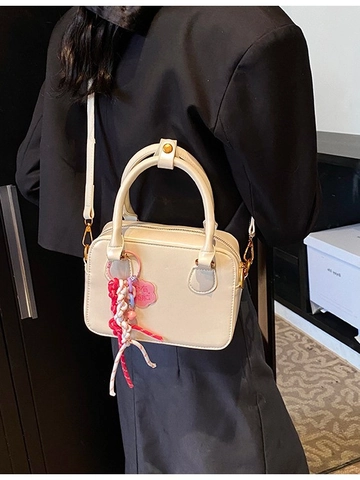 Women's Mini Boston Pillow Crossbody Bag PU Leather Handbag With Contrast Stitching And Decorative Woven Pendant Small Shoulder Bag