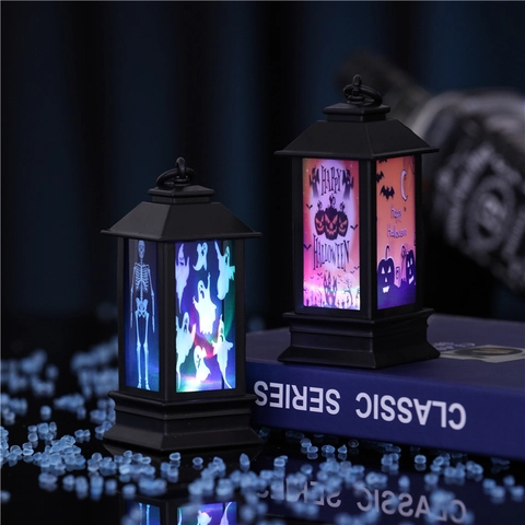 Halloween LED Retro Lantern Plastic Pumpkin Skull Castle Bat Decorative Light For Party Home Window Display Ornament