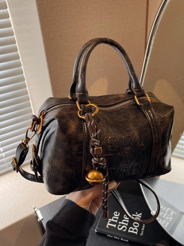Vintage PU Leather Boston Bag For Women Letter Embossed Crossbody Handbag With Pendant Daily Top Handle Travel Satchel