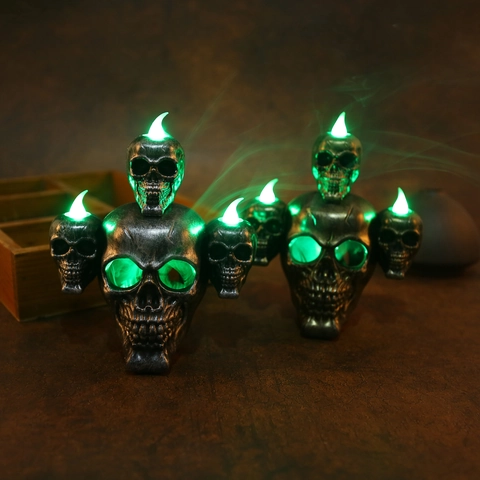 Plastic Halloween Skull LED Candle Lamp Gothic Backflow Incense Burner With Incense Cones Green Light Haunted House Decor