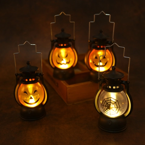 Halloween LED Kürbis Laterne Retro Pony Lampe Spinnennetz Muster Elektronische Nachtlicht Für Party Home Desktop Dekoration
