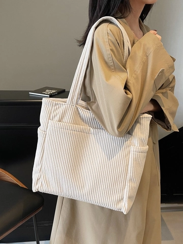 Bolso Tote de Pana para Mujer de Gran Capacidad Bolso de Hombro de Color Sólido Simple Bolso de Compras Versátil Diario Con Cremallera