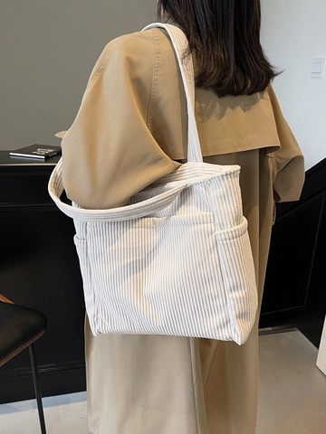 Bolso Tote de Pana para Mujer de Gran Capacidad Bolso de Hombro de Color Sólido Simple Bolso de Compras Versátil Diario Con Cremallera