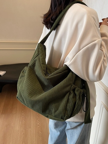 Borsa a Spalla in Velluto a Coste Grande Capacità per Donna Uomo Unisex Vintage Hobo Tote Tracolla Con Coulisse Cinturino Regolabile