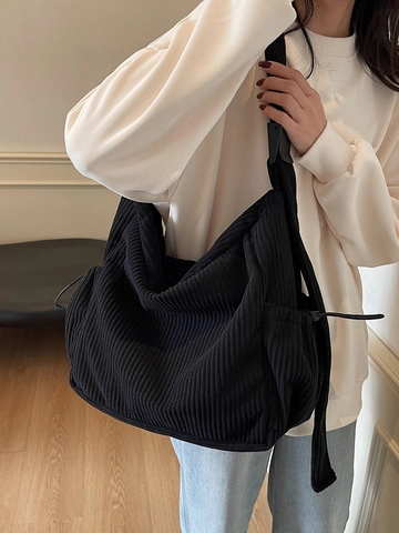 Borsa a Spalla in Velluto a Coste Grande Capacità per Donna Uomo Unisex Vintage Hobo Tote Tracolla Con Coulisse Cinturino Regolabile