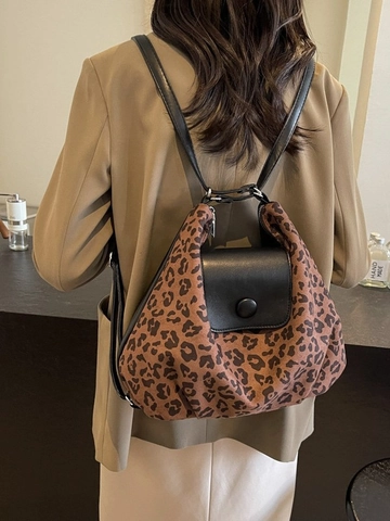Women Retro High Capacity PU Leather Suede Stitching Tote Bag Multi Functional Shoulder Bag Casual Backpack Leopard Print Handbag