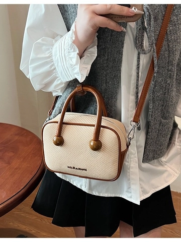 Sac Oreiller Vintage en Cuir PU Tissé pour Femmes Petit Sac à Main Bandoulière Décontracté Décor Lettres Poignée Ronde