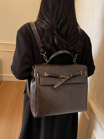 Mochila de Cuero PU Vintage para Mujer Moda de Gran Capacidad Bolsa de Escuela Bolso Retro con Solapa y Herrajes Dorados Café