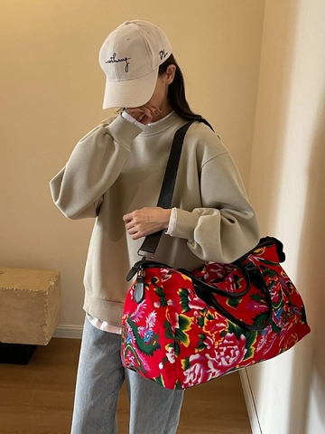 Women Large Capacity Travel Bag Northeast Floral Print Ethnic Style PU Leather Handle Handbag Crossbody Shoulder Bag Retro Peony Pattern