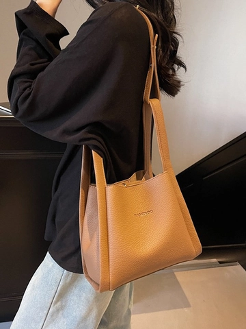 Women Elegant PU Leather Pebbled Bucket Bag Minimalist Solid Color Crossbody Shoulder Tote Handbag With Magnetic Snap For Daily Commuting