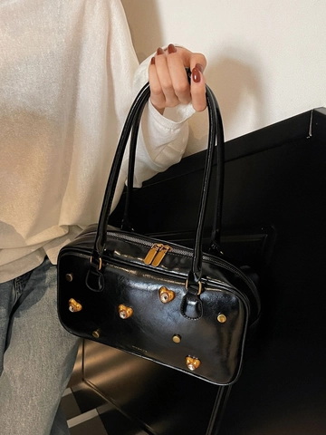 Retro Glänzende PU Leder Unterarm Schultertasche Für Damen Herz Strass Nieten Dekor Lässig Große Kapazität Reise Tote Bag
