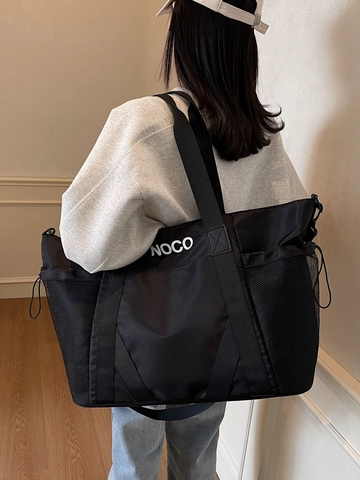 Bolso Tote de Lona de Gran Capacidad para Mujer Con Estampado de Letras y Bolsillos Laterales de Malla para Viajes Gimnasio