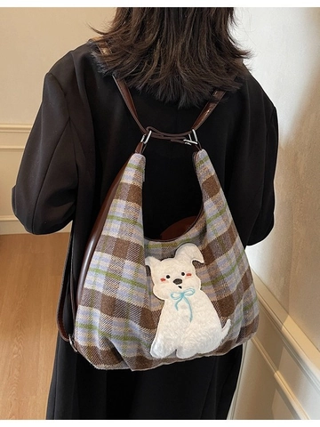 Borsa Tote a Quadri Retro Donna Grande Capacità Tweed Borsa a Spalla Con Toppa Cane Cartone Animato Ricamata Casual Borsa a Mano