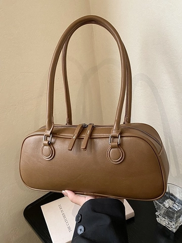 Bolso de Hombro de Axila de Cuero PU Vintage para Mujer Bolso de Mano Baguette Boston Minimalista Color Sólido Diario