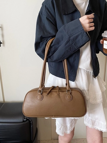 Bolso de Hombro de Axila de Cuero PU Vintage para Mujer Bolso de Mano Baguette Boston Minimalista Color Sólido Diario