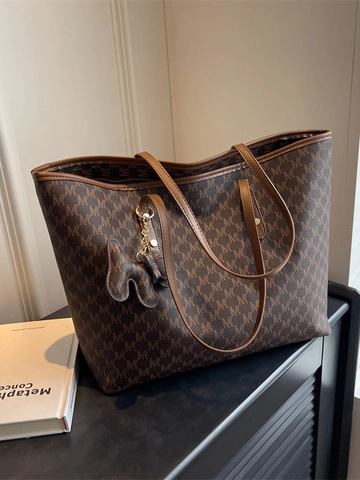 Dames Grote Capaciteit PU Leer Tote Bag Monogram Letter Print Schoudertas Commuter Handtas Met Schattige Dier Hanger Decoratie