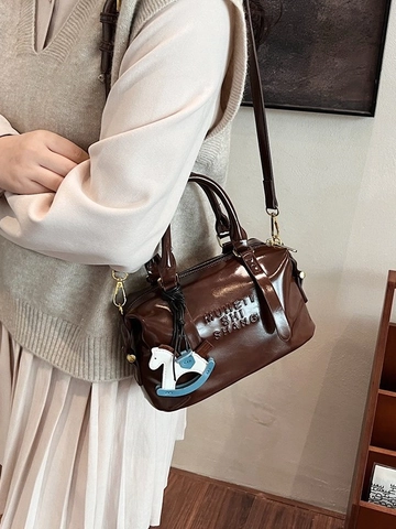 Fashion Women Boston Handbag Vintage Letter Embossed PU Leather Crossbody Bag With Horse Pendant Glossy Shoulder Bag