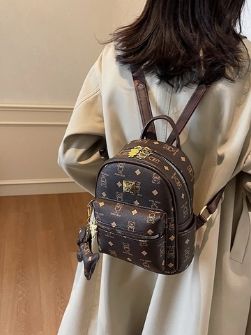 Women's Fashion Mini Backpack PU Leather Teddy Bear Print Monogram Design Gold Hardware Travel School Daypack With Bear Pendant