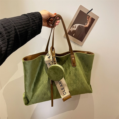 Women Large Quilted Tote Bag And Round Pouch Velvet Suede Texture Lattice Pattern Commute Shoulder Bag Decorative Strap
