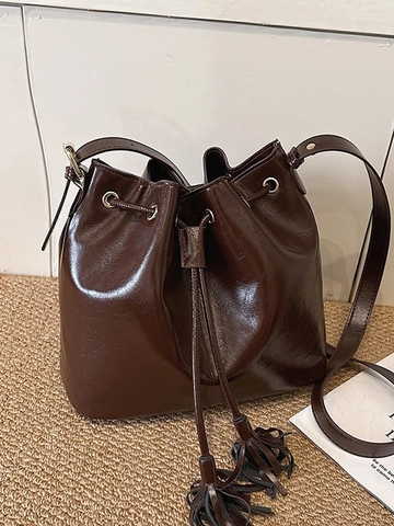 Vintage Glänzendes PU Leder Kordelzug Eimertasche Für Damen Mode Quaste Umhängetasche Einzelne Schultertasche Täglich Handtasche