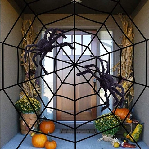 Giant Realistic Plush Spider And Triangular Spider Web Halloween Decorations Set With Red Glowing Eyes For Outdoor Yard Haunted House Decor