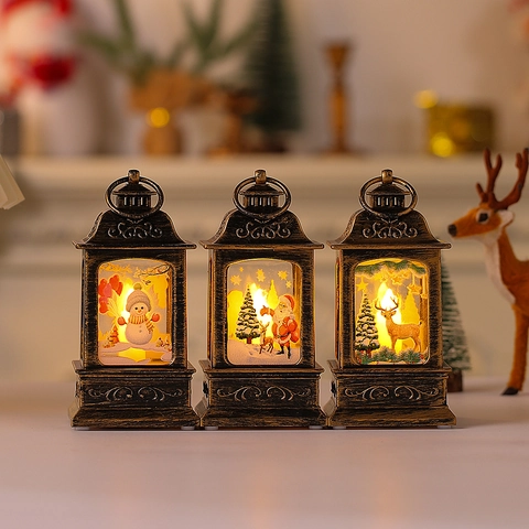 Farol LED de Navidad Vintage Bronce Retro Luz de Vela Colgante Con Papá Noel Muñeco de Nieve Reno Para Decoración Hogar
