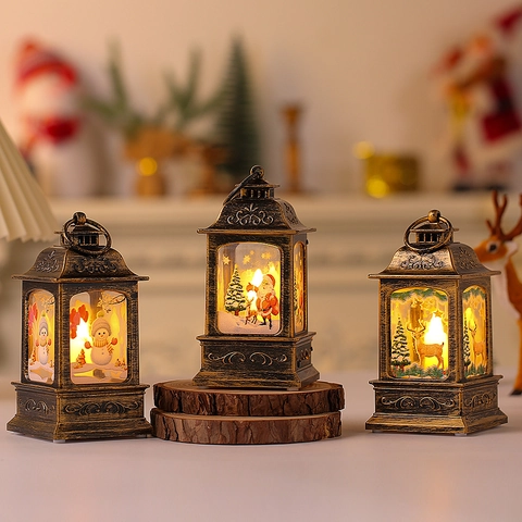 Farol LED de Navidad Vintage Bronce Retro Luz de Vela Colgante Con Papá Noel Muñeco de Nieve Reno Para Decoración Hogar