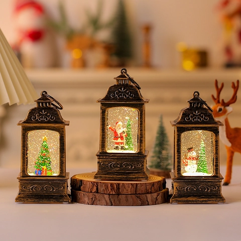 Lanterne à Eau Boule de Neige de Noël Père Noël Bonhomme de Neige Avec Lumière LED Paillettes Décoration de Table