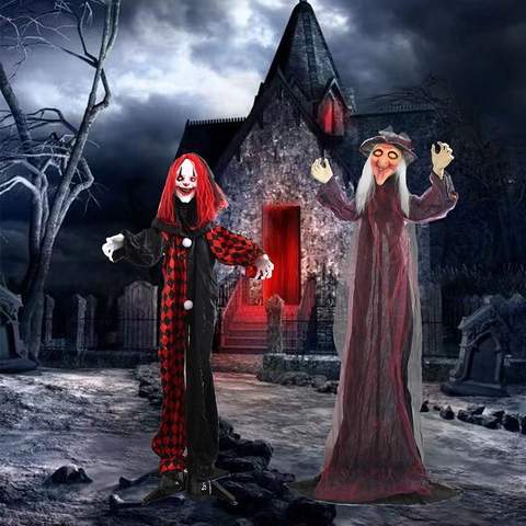 Halloween Life Size Standing Clown Witch Decoration With Sound Control Glowing Eyes Spooky Haunted House Yard Prop