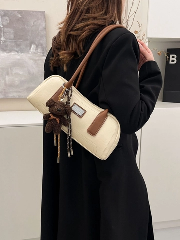 Sac à Épaule en Cuir PU Vintage pour Femmes Sac Baguette avec Surpiqûres Contrastées Sac Sous le Bras de Style Français avec Pendentif Ours