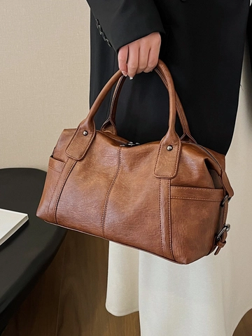 Bolso Boston Vintage para Mujer Gran Capacidad Cuero PU Color Sólido Bolso de Hombro Bandolera Casual Trabajo Tote Bag