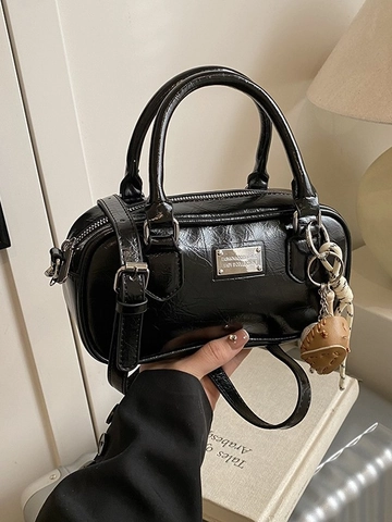 Borsa Bowling da Donna in Pelle Sintetica Lucida Borsa a Tracolla Boston Versatile Con Ciondolo Borsa a Mano Casual Pendolare