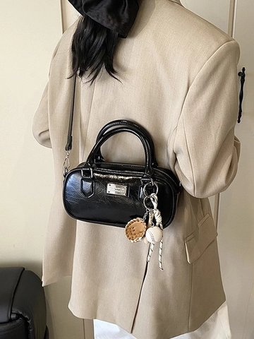 Borsa Bowling da Donna in Pelle Sintetica Lucida Borsa a Tracolla Boston Versatile Con Ciondolo Borsa a Mano Casual Pendolare