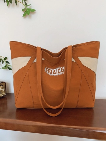 Bolso Tote de Lona para Mujer de Gran Capacidad Color de Contraste Impresión de Letras Bolso de Hombro Casual Diario