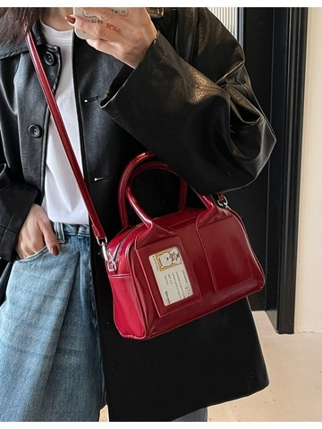 Borsa a Mano Boston da Donna in Pelle PU Lucida Con Slot per Carte Trasparente e Tracolla Staccabile Borsa a Tracolla Tinta Unita