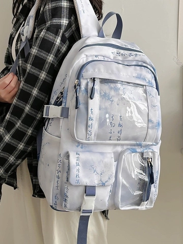 Sac à Dos Imperméable en Nylon de Grande Capacité pour Filles Nouveau Style Chinois Calligraphie Impression à l'Encre Multi-Poches Scolaire Esthétique