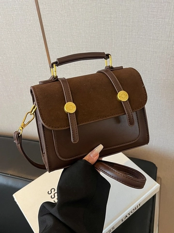 Women Retro Crossbody Bag PU Leather Suede Splicing Small Square Bag British Style Shoulder Handbag With Metal Buckle
