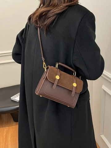 Women Retro Crossbody Bag PU Leather Suede Splicing Small Square Bag British Style Shoulder Handbag With Metal Buckle