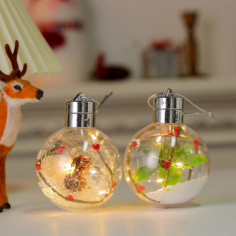 Leuchtende Transparente LED Weihnachtskugeln Anhänger Mit Tannenzapfen Und Blättern Deko Für Weihnachtsbaum Schaufenster