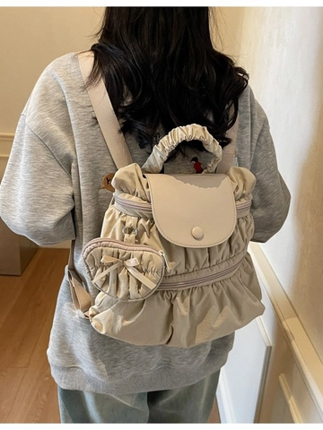 Mochila de Nailon Plisada a la Moda para Mujer Color Sólido Estilo Coreano Casual Bolsa Escolar con Mini Estuche Redondo