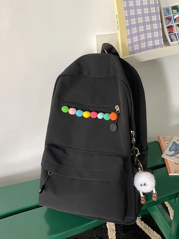Korean Style Nylon School Backpack For Women Girls Waterproof Fashion Student Bag With Plush Monster Charm Pom Poms