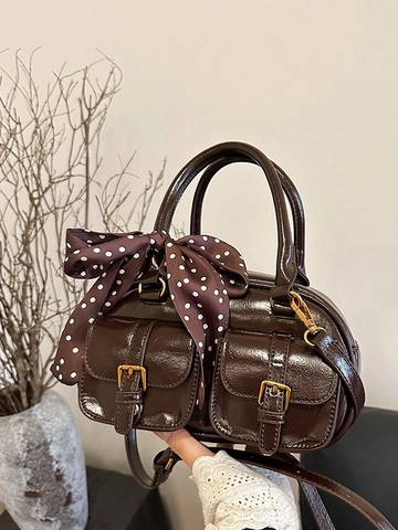 Borsa Bowling Boston in Pelle PU Retrò da Donna Con Sciarpa a Pois Tasche Doppie Piccola Borsa a Mano a Tracolla
