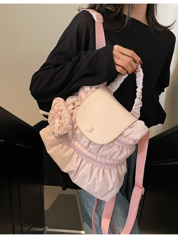 Mochila de Nailon Plisada a la Moda para Mujer Color Sólido Estilo Coreano Casual Bolsa Escolar con Mini Estuche Redondo